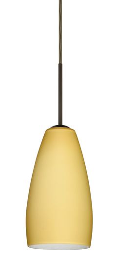 a yellow and brown light hanging from a ceiling fixture with a cord in front of it