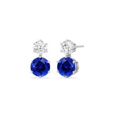 A wardrobe staple, these diamond earrings and their classic beauty will serve you well for years to come. Each earring features a pair of big sapphire and small round diamond, each set on a six-pong basket. With these earrings' refined sophistication, you can easily pair them with all kinds of outfits for all kinds of occasions. Formal Round Cut Gemstone Diamond Earrings, Sapphire Diamond-cut Round Earrings, Sapphire Diamond Accented Drop Earrings, Formal Sapphire Earrings With Diamond Cut, Elegant Blue Round Diamond Earrings, Sapphire Diamond-cut Earrings, Sapphire Earrings In Prong Setting, Diamond White, Classic Diamond Gemstone Earrings, Classic Sapphire Earrings With Diamond Accents