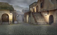 an animated image of a cobblestone street with steps leading up to the door