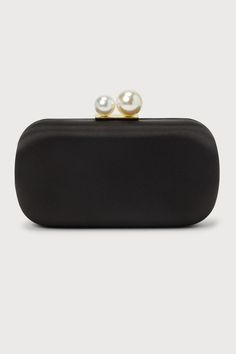 Poised Feelings Black Satin Pearl Box Clutch Black Rectangular Clutch For Parties, Black Rectangular Case Clutch For Party, Elegant Rectangular Evening Bag For Night Out, Elegant Rectangular Clutch For Night Out, Elegant Black Rectangular Clutch, Black Rectangular Clutch For Formal Occasions, Elegant Rectangular Case Evening Bag For Formal, Chic Rectangular Evening Bag For Party, Elegant Formal Evening Bag With Rectangular Case