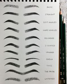 the different types of eyebrows are shown in this drawing book, with pencils next to them