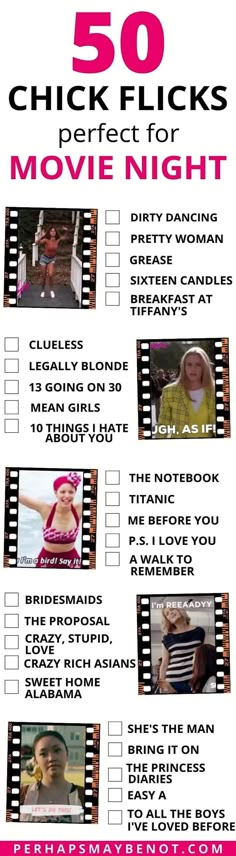 the 50 movie night checklist is shown in pink and white with black text on it