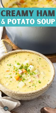 creamy ham and potato soup in a bowl