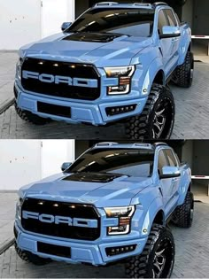 the front and rear views of a blue truck