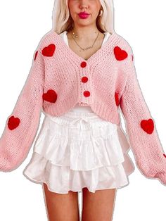 Sweet Pink Cardigan For Fall, Cute Pink Heart Print Sweater, White Sweater For Valentine's Day, Pink Knit Sweater With Heart Print, Sweet Long Sleeve Cardigan For Fall, Sweet Long Sleeve Fall Cardigan, Pink Heart Sweater For Spring, Sweet Pink Long Sleeve Cardigan, Red Long Sleeve Valentine's Day Sweater