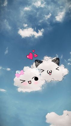 two cats are flying in the sky with hearts on their ears and eyes, one cat has his head above the clouds