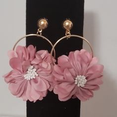 Fashion Jewelry, Dangling Earrings With Cloth Flowers And Center Beading. Gold Colored Metal. Approximately 3" In Length And 2" In Width, Dusty Rose Color. Flower Shaped Hoop Earrings For Party, Round Flower Earrings For Parties, Handmade Flower Hoop Earrings For Party, Elegant Beaded Earrings For Spring Party, Elegant Spring Beaded Earrings For Party, Elegant Spring Party Beaded Earrings, Adjustable Rose Gold Earrings For Party, Dangle Earrings With Flower Decoration For Party, Elegant Adjustable Flower Shaped Beaded Earrings