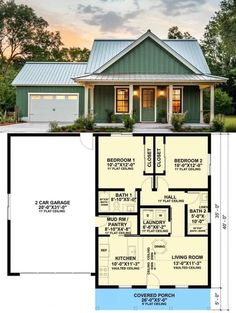 the floor plan for a small house with two garages and an attached living area