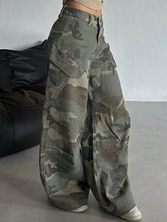 Women Casual Camouflage Cargo Wide Leg Jeans Army Green Casual   Denim All Over Print Straight Leg Non-Stretch  Women Clothing, size features are:Bust: ,Length: ,Sleeve Length: Army Jeans, White Wide Leg Jeans, Camouflage Jeans, Camo Outfits, Wide Leg Sweatpants, Jeans Cargo, Long Sleeve Plaid Shirt, Street Chic, Casual Denim