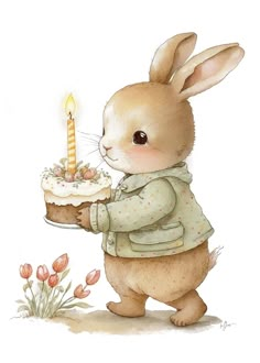 a rabbit holding a cake with a candle in it