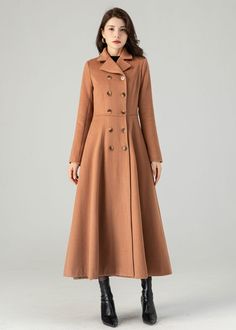 Long Coat Women Wool Trench Coat Double Breasted Coat Warm - Etsy Formal A-line Outerwear For Fall, Formal A-line Fall Outerwear, Classic A-line Fall Outerwear, Solid A-line Outerwear For Fall, Long Wool Coat With Double Button Closure For Fall, Fall Long Wool Coat With Double Button Closure, Brown Double-breasted Wool Coat For Winter, Winter Brown Double-breasted Wool Coat, Long Pea Coat With Button Closure For Fall