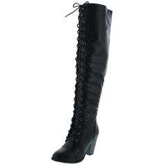 Forever Camila-48 Black Pu Womens Boots 5.5 New Black Leather Lace-up Knee-high Boots, Black High Heel Lace-up Boots, Black Closed Toe Lace-up Boots For Fall, Black Wide Calf Knee-high Lace-up Boots, Black High Ankle Knee-high Boots For Spring, Spring Black Knee-high Boots, Black Knee-high Heels With Reinforced Heel, Black Knee-high Lace-up Boots For Fall, Edgy Knee-high Lace-up Boots