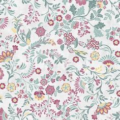 a white and pink floral wallpaper with lots of colorful flowers on the bottom half of it