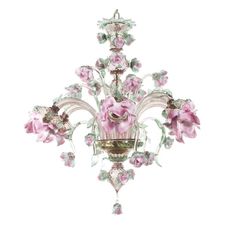 a chandelier with pink flowers hanging from it's centerpiece, on a white background