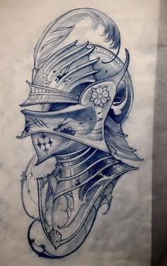 a drawing of a helmet with stars and clouds on the side, in blue ink