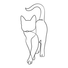 a black and white drawing of a cat with its tail curled up in the air