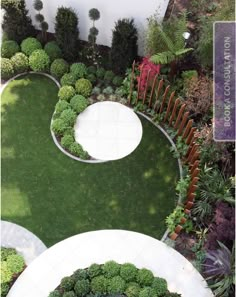 an aerial view of a garden with grass and trees