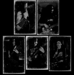 four black and white photos of people playing instruments in front of a dark background with the words