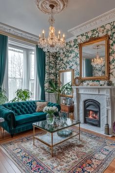 a living room filled with furniture and a fire place under a chandelier in front of a window