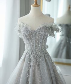 Gray Wedding Dresses For Prom Season, Fitted Gray Tulle Dress, Fitted Gray Wedding Dresses, Customizable Length Dresses For Prom Season, Gray Wedding Dress With Sweep Train, Gray Prom Dress With Fitted Bodice, Customizable Length Ball Gown With Fitted Bodice, Floor-length Gray Dresses For Wedding, Gray Floor-length Wedding Dresses