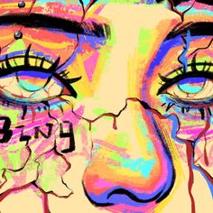 a woman's face with tears and words painted on her face in multicolors