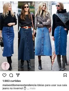 Duster And Jeans Outfit, Demin Skirt Winter Outfit, Denim Midi Skirt Winter Outfit, Winter Skirts 2023, Midi Demin Skirt Outfits, Button Down Denim Skirt Outfit, Denim A Line Skirt Outfit, Gonna Jeans Outfit, Midi Denim Skirt Outfit Fall