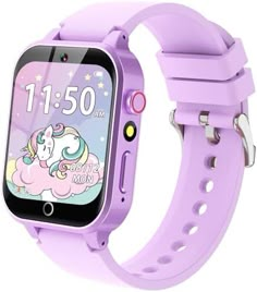 the children's smart watch is purple with an image of a unicorn on it