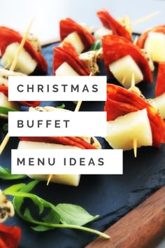 christmas buffet menu with red peppers and cheese on skewers