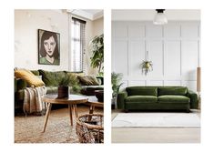 two pictures of green couches in a living room, one with a portrait on the wall