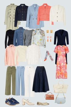 Incorporating this years hottest color: Peach Fuzz This 27-piece Spring Capsule wardrobe for Women with a Spring Color Type is a symphony of hues that capture the essence of the season’s vibrancy. Light blue, soft green, navy, peach, and ivory intertwine seamlessly to create a harmonious palette that epitomizes springtime’s renewal. With its carefully curated selection of versatile pieces this Spring Capsule wardrobe effortlessly transitions you from one occasion to another with ease and style. From the office, to dinner with friends, or a leisurely stroll through a flea market, as well as running e Wardrobe For Women, 27 Piece, Spring Capsule, Spring Girl, Spring Capsule Wardrobe