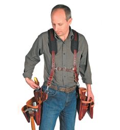 By distributing weight over the shoulders, these suspension systems allow a loaded tool belt to be carried with relative ease. The Stronghold system has a comfortable contoured yoke with a padded moisture-wicking absorbent liner and length-adjustable leather cross straps. A set of four leather straps with D-ring loop attachments is included for quick connection to any tool belt up to 3" wide. The adjustable chest strap has a metal clip for quick-release. A heavy-duty D-ring on the yoke allows ha Occidental Leather, Leather Tool Belt, Tool Belts, Leather Suspenders, Chest Strap, New Catalogue, Tool Belt, Plastic Clips, Leather Projects