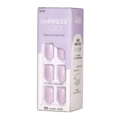 Your everyday manicure just got easier! Say goodbye to nail polish with imPRESS Color Press-On Manicure. A polish-free mani in minutes, and new PureFit Technology makes them super slim and super comfortable. Just press on and go! Solid colors have no bling, no accents; they come in the most popular hues, in as many fashion-forward shades as nail polish. The false nails come ready to wear, no polish required! Style ‘Picture Purplect’ features short, square shaped, purple solids in a glossy finish Kiss Products, Acrylic Tips, Manicure Colors, Nail Pictures, Purple Nails, Gel Manicure, Nail Kit, Glue On Nails, Colorful Pictures