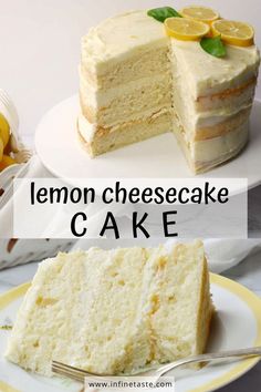 whole cake with slice missing and title in center Lemon Cheesecake Cake, Lemon Cheesecake Filling, Summer Desserts For Kids, Desserts Easy Healthy, Cake With Lemon Curd, Lemon Cream Cake, Cheese Cake Filling, Summer Desserts Easy Healthy, Desserts Oreo