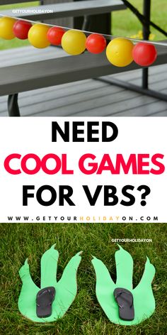 a pair of shoes sitting on top of grass next to a bench with the words need cool games for vbs?