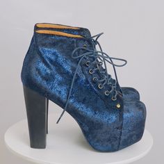 These Are Just So Incredible! Love The Shine With The Velvet. They Look Fab! These Are Lita, Which Are A Known Staple For Jeffrey Campbell Shoes. They Are Brand New, With No Box. Blue Platform Boots For Party, Blue Leather Party Boots, Blue High Heel Platform Boots For Party, Blue Platform Boots With Pointed Toe, Blue Lace-up Boots With Reinforced Heel, Blue Leather Heels For Winter, Blue High Heel Boots With Reinforced Heel, Blue High Heeled Boots With Reinforced Heel, Blue High Heel Platform Boots