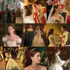 many different pictures of people dressed in period costumes and tiaras, including princesses