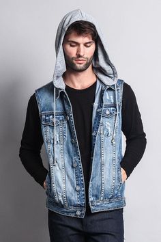 The classic denim vest is here for a comeback! Now featuring a detachable look for that pre-layered look! Offered in distressed wash, this will be your new go-to outerwear that makes for a great layering piece! - 100% Cotton - Machine-wash cold inside out - Imported Urban Denim Vest For Spring, Spring Light Wash Denim Vest For Streetwear, Urban Cotton Denim Vest For Fall, Urban Sleeveless Outerwear For Spring, Urban Sleeveless Spring Outerwear, Distressed Denim Sleeveless Vest For Fall, Distressed Sleeveless Denim Vest For Fall, Urban Style Denim Vest With Pockets For Spring, Dark Wash Denim Vest For Fall Streetwear