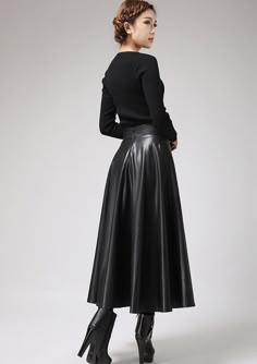 Black faux leather skirt Classic style maxi skirt women PU Relaxed Flared Leather Skirt, Fall Party Full Maxi Skirt, Leather Flared Skirt For Fall, Fitted Flared Leather Skirt, Fall Leather Flared Skirt, Elegant Faux Leather Lined Skirt, Elegant Faux Leather Pleated Skirt, Elegant Pleated Faux Leather Skirt, Elegant Long Leather Skirt