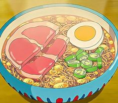 an image of a bowl of food with meat and noodles on it, as well as eggs