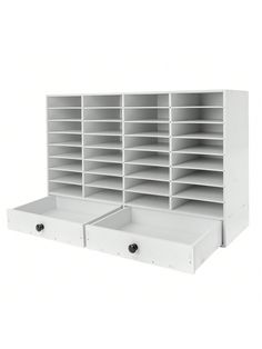 two white shelves with drawers on each side