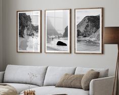 three black and white pictures hang on the wall above a couch in a living room