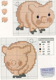 the cross stitch pattern for a pig is shown in three different sizes and colors, including one