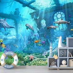 an underwater scene with dolphins and other marine animals in the water wall mural decal