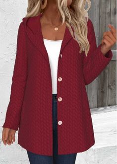 Color:Wine Red;Size:M;Size:L;Size:XL;Size:XXL;Package Contents:1 X Hoodie;Occasion:Other;Style:Bohemian; Red Hooded Sweater For Fall, Red Hooded Fall Cardigan, Red Hooded Fall Sweater, Red Coats, Elegant Dresses Plus Size, Swimwear Suits, Black Swimwear, Red Long Sleeve, Red Coat