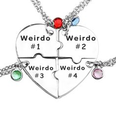 PRICES MAY VARY. Perfect Quartet: Showcase the unique bond among you and your three best friends. Our "Weirdo Crew" necklace set features four heart-shaped necklaces, individually engraved with "Weirdo 1" to "Weirdo 4," celebrating the enduring friendship among the group. Stainless Steel Elegance: Crafted from durable stainless steel, this necklace set not only symbolizes your friendship but also adds a touch of elegance to your look. The high-quality material ensures lasting beauty and a timele Matching Necklaces For 2 Best Friends, Necklaces For 3, Best Friend Necklaces For 2 Cheap, Friendshio Necklaces, Heart Stopper Necklace, Bff Necklaces Magnetic, Bff Gifts Necklaces, Friendship Necklaces For 9, Matching Best Friends Jewelry