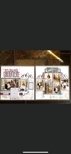 the wedding album is displayed on display in front of a wall with pictures and words