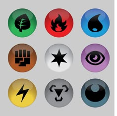 six different colored buttons with symbols in the shape of an eye, lightning, and star