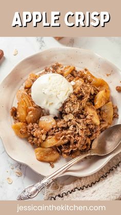 an apple crisp is served on a white plate with a scoop of vanilla ice cream