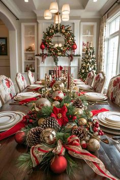 White And Red Christmas Table Decor, Christmas Set Up Ideas, Buffalo Check Christmas Decor Ideas, Christmas Center Table Ideas, Large Christmas Table Centerpieces, Red Christmas Dining Table Decor, Decorating Dining Table For Christmas, Christmas Formal Dining Table Decor, Christmas Table Garland Ideas