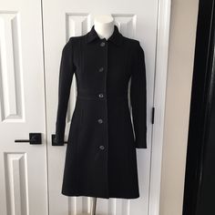 Preowned In Excellent Condition. Please See Measurements Here Only Bc Size Nimber On Tag Is Faded. Left Sleeve Has Minor Thread Snags As Seen. U Don’t Notice At All. Priced As Is Due To That Tailored Fall Outerwear With Covered Buttons, Tailored Outerwear With Covered Buttons For Fall, Fall Career Outerwear With Button Cuffs, Collared Pea Coat With Buttons For Work, Fitted Pea Coat With Button Cuffs And Lapel Collar, Fitted Pea Coat With Button Cuffs For Business, Fitted Pea Coat With Covered Buttons For Fall, Fitted Long Pea Coat With Button Closure, Black Pea Coat With Button Cuffs And Lapel Collar